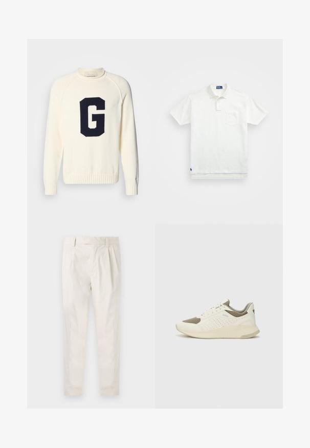 Kreminė megzta suknelė su tamsiai mėlynu 'G' logotipo dizainu. Ji turi apvalų kaklą, o rankogaliai ir apatinė dalis yra su rausva juosta.; Balta polo marškiniai pagaminti iš medvilnės, su klasikiniais kraštais, trijų mygtukų sprandeliu ir kairiuoju krūtinės kišeniu; mažas logotipas apačioje.; Balti, susiūtos kelnes, turinčios pritaikytą siluetą, pasižyminčias lygia tekstūra, dirželio kilpomis ir siaurėjančiomis kojomis. Nėra matomų kišenių ar raštų.; Baltas ir šviesiai bežinis sportinis kedas, su tinklo viršumi, perforuotais detalėmis ir tekstūruotu tarpine su logotipu ant kulno.