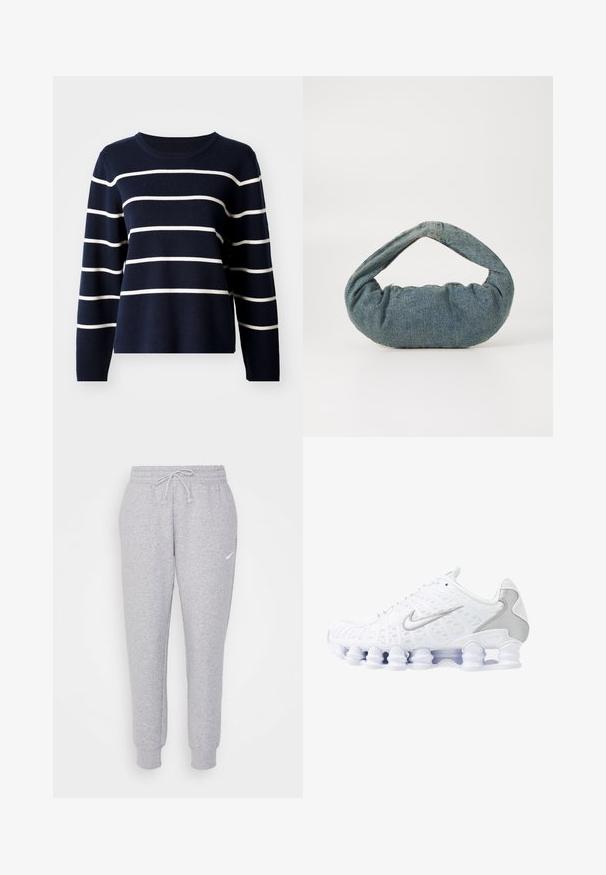 Tamsiai mėlynas megztinis, pagamintas iš minkštos medžiagos, su horizontaliomis baltomis juostelėmis, apvalia iškirpte ir ilgomis rankovėmis. Tiesus apvadas be puošmenų.; Šviesiai pilkos sportinės kelnės su raišteliais liemeniui, siaurėjančiomis kojomis ir maža balta logotipu kairiajame šlaunyje. Pagamintos iš minkštos, tekstūrizuotos medžiagos.; Balti sportiniai batai su tinkline viršutine dalimi, sidabro akcentais ir unikaliu spiraliniu padu. Yra paminkštinta apykaklė ir raištelių užsegimas, kad būtų patogu.; Mėlyna džinsinė rankinė su paminkštinta, suapvalinta forma ir išlenktu rankenėle. Teksūra yra minkšta, su matomomis siūlėmis ir lygiu paviršiumi.; Sidabriniai auskarai žiedai su lygiu, poliruotu paviršiumi ir plonu, apvaliu formatu. Dizainas turi saugų užsegimą.