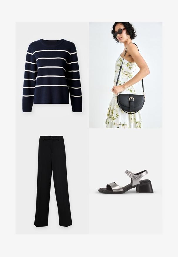 Navy blue sweater made of soft fabric, featuring horizontal white stripes, round neckline, and long sleeves. Straight hem with no embellishments.; Black wide-leg trousers made of smooth fabric, featuring a classic waistband with a button closure and front pleats.; Silver leather sandals with an open toe, featuring a wide front strap, ankle strap with buckle, and a medium block heel.; Black leather handbag with a curved shape, detachable strap, and gold hardware. The bag features a flap with a buckle detail.