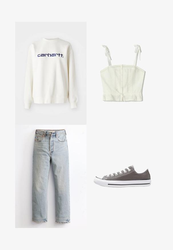 Witte katoenen sweatshirt met lange mouwen en geribde manchetten, met daarop het "carhartt" logo in marineblauw over de borst.; Witte katoenen crop top met verstelbare strikbanden, knoopsluiting aan de voorkant, geplooid ontwerp en kant langs de zoom. Soepele textuur, lichtgewicht stof.; Lichtblauwe denim jeans met een rechte pijpontwerp, uitgerust met een verouderde zoom, koperen klinknagels en een klassieke vijf-pocketstijl.; Grijze canvas sneaker met witte rubberen zool, zwarte streep en metalen oogjes. Kenmerkt zich door een ronde neus, low-top ontwerp en textiele stof.