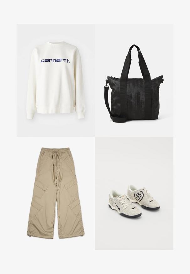 Weißer Baumwoll-Sweatshirt mit langen Ärmeln und gerippten Bündchen, mit dem "Carhartt"-Logo in Marineblau über der Brust.; Beige Cargo-Hosen mit einem Kordelzugbund, mehreren Seitentaschen und einem lockeren Schnitt. Hergestellt aus leichtem, glattem Stoff mit Nähdetails.; Nike-Sneaker mit einem beigen und grauen texturierten Obermaterial, schwarzen Akzenten, einem großen "90"-Logo und einer weißen Schnürverschluss. Schwarze Sohle.; Schwarze Tote-Tasche aus strukturiertem Stoff, mit zwei oberen Griffen und einem abnehmbaren Schultergurt. Sie verfügt über einen Reißverschluss für sicheren Stauraum.