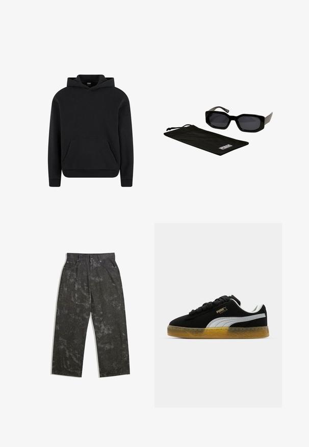Černá mikina s kapucí vyrobená z měkké tkaniny, se přední klokaní kapsou, žebrovanými manžetami a stahovací kapucí. Klasický a univerzální design.; Tmavě šedé džíny s volným střihem, které mají jemně melírované vzory a kovové detaily. Design pět kapes.; Černé semišové tenisky s bílým postranním pruhem a zlatým logem. Vybaveny gumovou podrážkou s texturovaným vzorem. Šněrování je černé a ploché.; Černé sluneční brýle s ostrými, přehnanými rámy a tmavými čočkami, doplněné černým mikrovláknovým pouzdrem s logem.