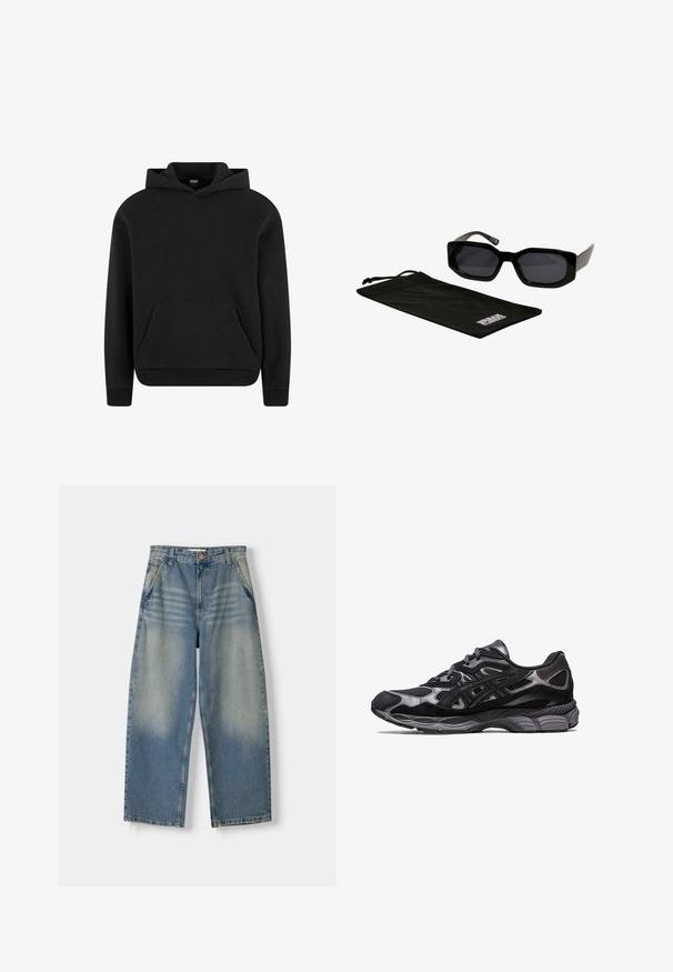 Crna dukserica od mekanog materijala s prednjim kengur džepom, rebrastim manžetama i kapuljačom s uvećanom šnalu. Klasičan i svestran dizajn.; Svijetloplave široke traperice s izblijedjelim završetkom, dizajnom s pet džepova i nerazrezanim rubom. Imaju prednje kopčanje na dugme i zatvarač.; Crne atletske tenisice s gornjim dijelom od mrežaste tkanine i antilopa, koje se odlikuju teksturiranim dizajnom i čvrstim, pufastim sivim potplatom.; Crne naočale sa kutnim, prevelikim okvirom i tamnim staklima, u pratnji crne mikrofiber torbice s logom.