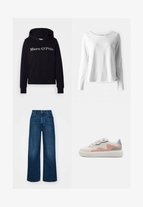 Čierna mikina s kapucňou so veľkým bielym logom "Marc O'Polo". Vyrobená z mäkkej tkaniny, s kapucňou na šnúrku a rebrovanými manžetami na rukávoch.; Biele tričko s dlhým rukávom vyrobené z jemnej, ľahkej tkaniny; má okrúhly výstrih a mierne uvoľnený strih; etiketa viditeľná na boku.; Džíny s vysokým pásom a širokými nohavicami v tmavomodrom denime so hladkou textúrou, kontrastným prešívaním a dizajnom so piatimi vreckami. Predné zapínanie na gombík.; Nízke tenisky s bielym syntetickým zvrškom, ružovými a šedými semišovými akcentmi, textúrovanou bielou gumovou podrážkou a farebnými šnúrkami.