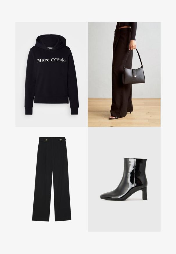Felpa nera con un grande logo bianco "Marc O'Polo". Realizzata in tessuto morbido, con cappuccio regolabile e polsini a costine sulle maniche.; Pantaloni neri a gamba larga con vita alta, dettagli con bottoni in vita e pieghe frontali.; Stivaletto in pelle verniciata nera con punta a punta e tacco a blocco di altezza media. Texture liscia e design minimalista.; Borsa nera con forma strutturata, texture liscia e una chiusura metallica. Abbinata a pantaloni neri larghi e sandali open-toe su un pavimento in legno.