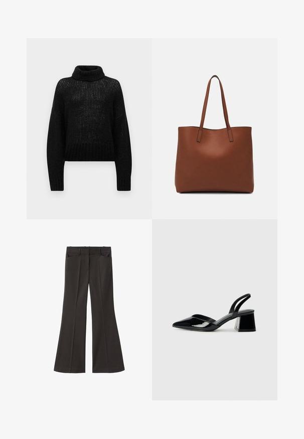 Črn pleten turtleneck pulover z ohlapnim krojem, teksturirano tkanino, dolgimi rokavi in rebrastim robom. Lahka in delno odprta tkanina.; Črne razširjene hlače z visokim pasom; vključujejo dva sprednja žepa in gladko teksturo tkanine. Primerne za različne priložnosti.; Črne lakirane slingback pete s koničastim nosom in geometrijsko blokasto peto. Imajo eleganten, minimalističen dizajn in gladko teksturo.; Rjava usnjena torba z gladko teksturo, odprto zasnovo zgoraj in dvema naramnima trakovoma. Opremljena je z minimalnim šivanjem in brez vidnih kovinskih delov.