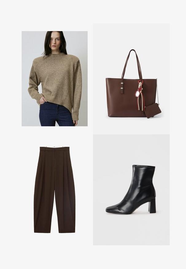 Beige texturovaný svetr s vysokým výstřihem, žebrovanými manžetami a lemem a mírně asymetrickým střihem. V kombinaci s tmavě modrými džíny.; Halenka s dlouhým rukávem ve tmavě hnědé zmačkané látce. Má vysoký límec s mašlí a manžetové rukávy. Hladká, lehká textura.; Hnědé kalhoty s vysokým pasem a sklady, vyrobené z hladké látky. Volný střih, rovné nohavice, obsahující poutka na opasek a zip.; Černé kožené kotníkové boty s špičatou špičkou a strukturovaným blokovým podpatkem. Hladký povrch s elegantním, minimalistickým designem.; Hnědá kožená taška přes rameno s dvěma popruhy, detaily ze stříbrného kovu, ozdobnými třásněmi a malou odpovídající zipovou peněženkou připevněnou k tašce.; Brož ve zlatém tónu s květinovým motivem, středovou bílou perlou, okolo které jsou uspořádány okvětní lístky z barevných kamenů a třpytivé čiré kamínky.