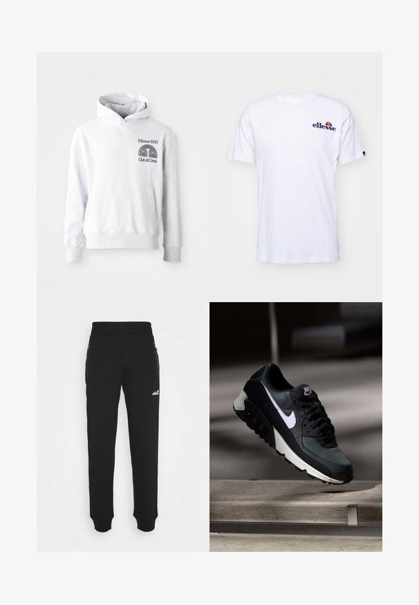 Felpa grigia con tasca frontale, polsini e orlo a coste. Presenta un marchio stampato e un logo grafico sul lato sinistro. Realizzata in tessuto morbido.; T-shirt bianca in cotone con maniche corte, caratterizzata da un logo ricamato blu navy sul lato sinistro del petto e un accento di colore vivace sopra il logo.; Pantaloni della tuta neri realizzati in un tessuto morbido presentano un design con gamba affusolata, vita elastica, tasche laterali con cerniera e un piccolo logo decorativo.; Sneaker nera e verde con una tomaia in rete a motivo, logo swoosh bianco, collare imbottito e un'unità di ammortizzazione visibile nella suola.