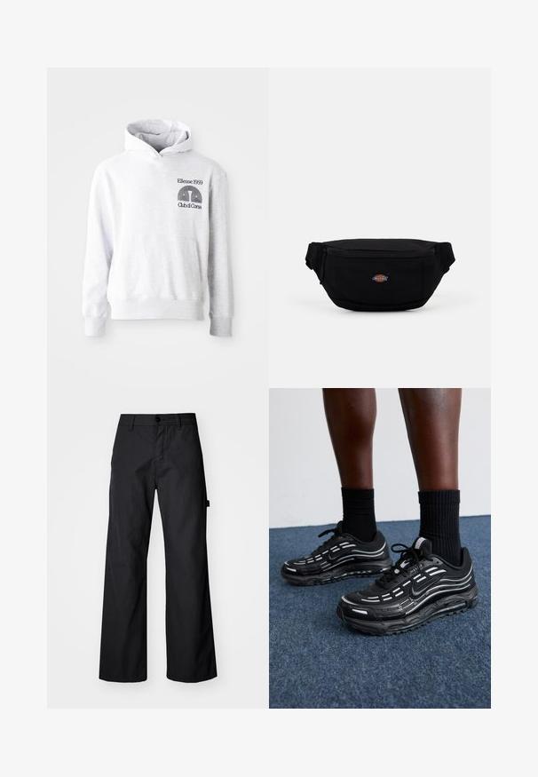 Felpa grigia con cappuccio e tasca frontale a marsupio. Presenta testo e logo ricamati in nero "Ellesse 1959 Club di Corsa" sul petto.; Pantaloni neri a gamba larga realizzati in un tessuto durevole. Presentano una chiusura con bottone e tasche laterali. Texture liscia con un design pulito.; Le scarpe Nike nere presentano una tomaia in mesh con strisce a contrasto, lacci testurizzati e una suola in gomma nera. Indossate con calze nere a costine.; Marsupio nero in tessuto con chiusura a zip, caratterizzato da un piccolo logo del marchio sul davanti. Design compatto e arrotondato con cinture regolabili.