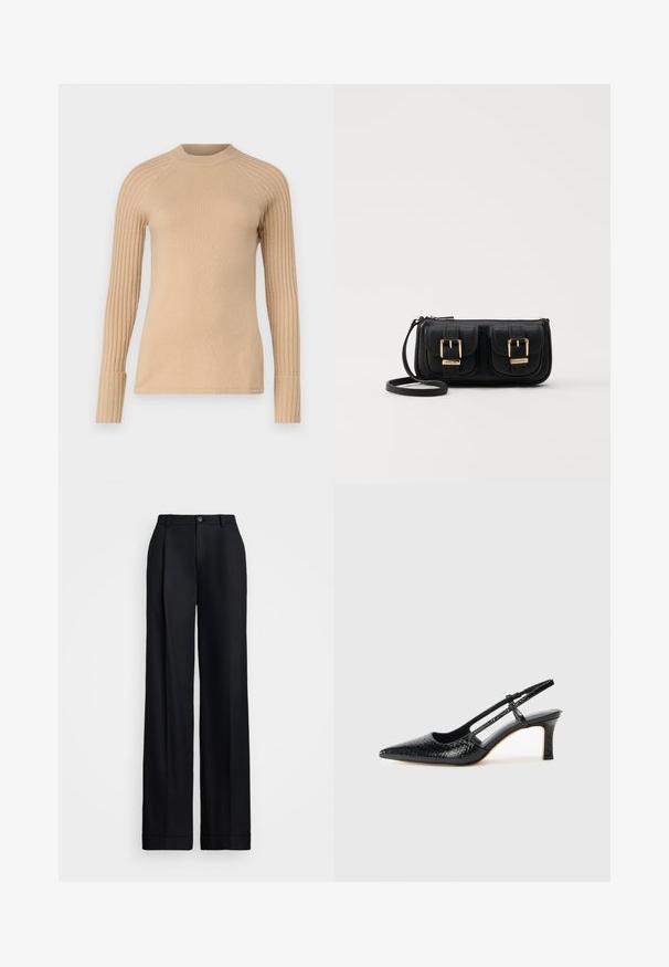 MAX&Co. CANOSSA - Jumper - kamel; Black wide-leg trousers featuring a smooth finish, flat front, belt loops, and a single button closure at the waist.; Black patent slingback heel with a pointed toe, featuring textured snake print, adjustable strap, and a short, textured block heel.; Black leather crossbody bag with two front pockets, gold buckles, zipper closure, and a slim strap. Textured surface and compact rectangular shape.