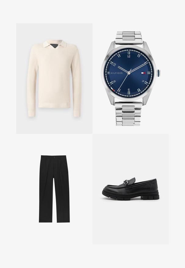 Pulover tricotat în bej deschis, având un guler alb contrastant, un model texturat și manșete și tiv cu nervuri.; Pantaloni negri cu un design drept, fabricați dintr-un material neted. Au plisse în față și un sistem de închidere cu un singur buton la talie.; Mocasini din piele neagră cu vârful rotund, o curea decorativă și accesorii metalice, și o talpă chunky texturată. Finisaj neted cu detalii subtile.; Ceas metalic argintiu cu un cadran albastru periat, marcaje albe pentru ore și o afișare a datei. Dispune de o curea metalică legată și logo-ul mărcii.