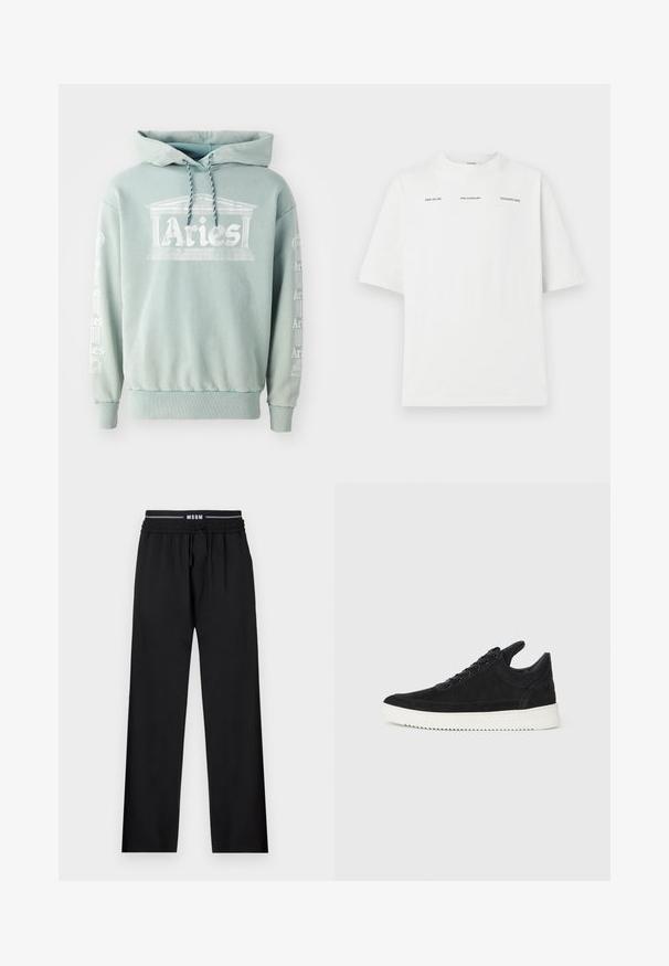 Mintgrüner Hoodie aus Baumwolle, mit einem Frontdruck "Aries" in architektonischen Details und weißem Text entlang der Ärmel.; Weißes Baumwoll-T-Shirt mit lockerem Schnitt, rundem Ausschnitt, kurzen Ärmeln und schwarzen Schriftzügen. Keine Muster oder Grafiken.; Schwarze Hosen mit lockerer Passform, elastischem Taillenbund, verstellbarem Kordelzug und Seitentaschen. Aus glattem, ungemustertem Stoff hergestellt.; Schwarze Wildleder-Sneaker mit einer weißen Gummisohle, die sich durch elegante Nähte und ein schnürbares Design auszeichnen. Glatte Textur mit einer modernen, stromlinienförmigen Form.
