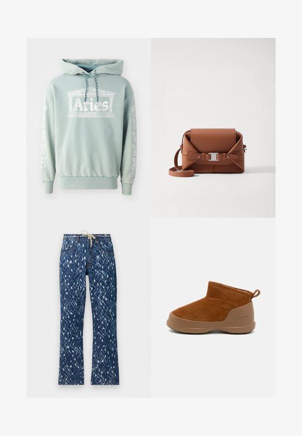 Sudadera verde menta hecha de algodón, con un estampado frontal de "Aries" con detalles arquitectónicos y texto en las mangas en blanco.; Vaqueros de mezclilla acampanados con un patrón abstracto azul, que cuentan con una cintura con cordón, diseño de cinco bolsillos y detalles de costura en naranja que contrastan.; Botín de ante marrón con suela de goma marrón, con un diseño sencillo, punta redondeada y pequeño tirador en la parte trasera.; Bolso cruzado de cuero marrón con un diseño estructurado, que presenta una hebilla plateada y una correa ajustable. Textura suave con acentos cosidos.