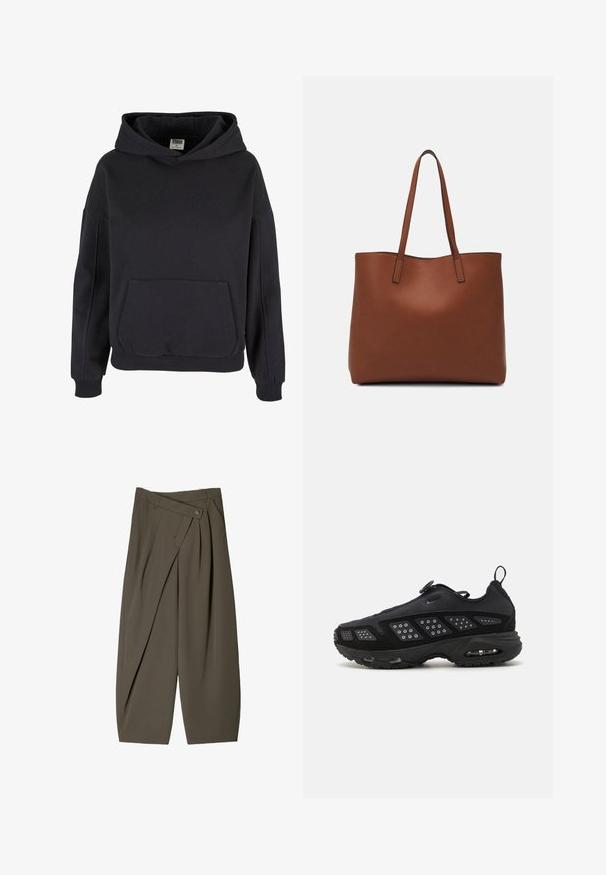 Svart bomullshuva med en rymlig känguruficka, stor huva, ribbade ärmslut och nederkant. Enkel, huvtröja design utan synliga mönster.; Breda byxor i mörk olivgrönt tyg, med en veckad frontdesign, knappstängning och en polerad, texturerad yta.; Svart atletisk sko med en dämpad sula, ovandel i nät och texturerade detaljer. Inkluderar en dragflik och en cirkulär fästanordning på toppen.; Brun läder tote-väska med en slät textur, öppen toppdesign och två axelremmar. Har minimal söm och ingen synlig metalldetalj.
