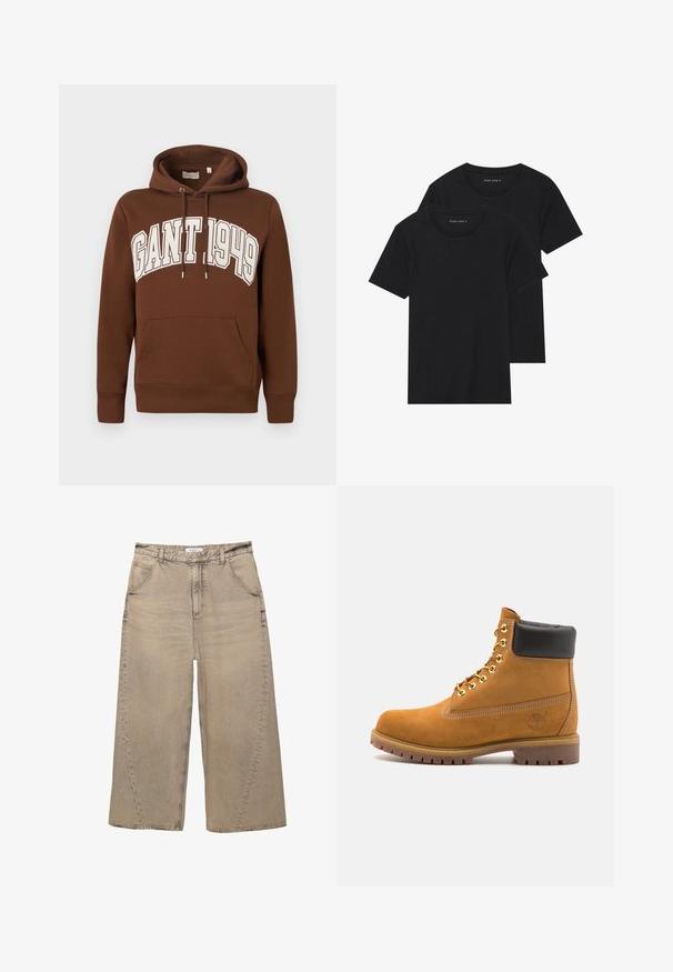 Felpa con cappuccio marrone in cotone con tasca a marsupio, cappuccio con coulisse e scritta bianca "GANT 1949" sul davanti. Polsini e orlo a coste.; Due magliette nere di cotone a maniche corte, con scollatura rotonda e una texture liscia, esposte impilate insieme.; PULL&BEAR MEGA BAGGY - Jeans baggy - light grey; Stivale alla caviglia in suede tan con collare imbottito nero, occhielli in metallo dorato, dettagli in cucitura bianca e suola in gomma robusta con battistrada pronunciato.