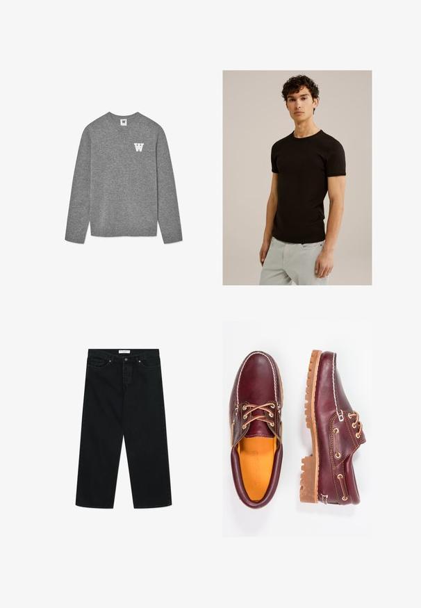 Maglione grigio a maglia con scollo rotondo e polsini a coste. Una lettera "W" bianca è ricamata sul lato sinistro del petto. Texture morbida.; T-shirt nero a maniche corte con scollatura rotonda, realizzato in un tessuto morbido ed elastico. La vestibilità è slim, progettata per aderire al corpo.; Jeans neri a gamba larga in tessuto denim, con chiusura frontale a bottone, passanti per cintura e tasche. Texture liscia, design minimalista.; Scarpe in pelle bordeaux con suole in gomma marrone, punta rotonda, cuciture bianche e occhielli dorati. L'interno presenta un rivestimento giallo.