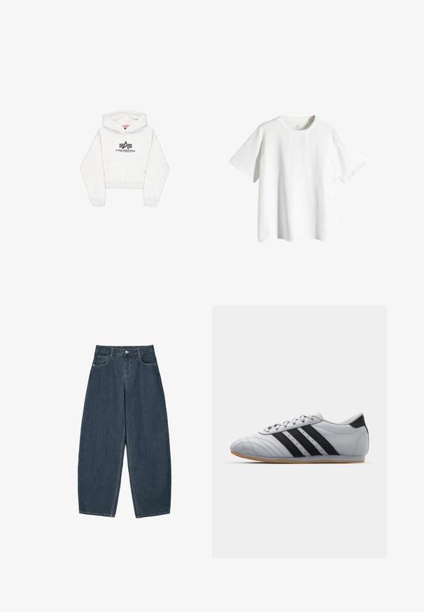 Světle šedá zkrácená mikina s kapucí vyrobená z měkké tkaniny, vybavená přední kapsou a černým logem "Alpha Industries" se stylizovanými akcenty na hrudi.; Bílý bavlněný tričko s kulatým výstřihem, krátkými rukávy a volným střihem. Hladká textura, žádné vzory nebo akcenty.; Tmavě modré džíny s širokými nohavicemi a vysokým pasem, s pěti kapsami a viditelnými švy. Čistý, minimalistický design.; Šedé sportovní boty s hladkým koženým povrchem, se třemi černými pruhy, zaoblenou špičkou a gumovou podrážkou.