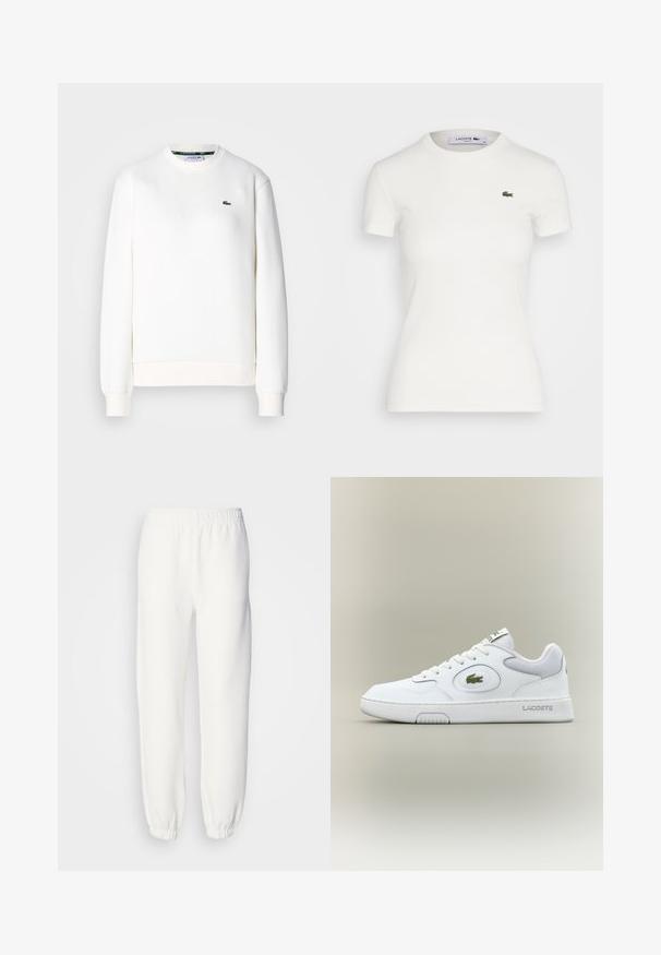 Felpa bianca realizzata in misto cotone, con scollatura tonda, polsini a coste e un piccolo logo verde sul petto. Texture liscia.; T-shirt bianco a maniche corte in cotone ribbed con scollatura rotonda e piccolo logo del coccodrillo verde Lacoste sulla parte sinistra del petto. Tessuto in cotone morbido.; Pantaloni della tuta bianchi realizzati in morbido tessuto lavorato a maglia. La vita e i polsini elasticizzati offrono una vestibilità rilassata. Design minimalista, senza motivi o accenti visibili.; Sneaker bianca in pelle con accenti in rete, punta tonda e lacci piatti. Presenta un logo in coccodrillo verde e il marchio "LACOSTE" sul tallone.