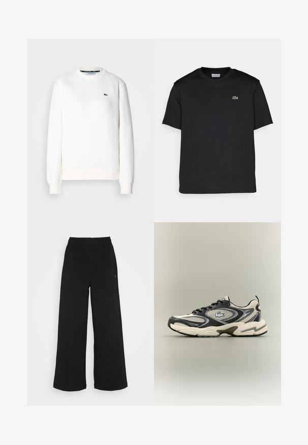 Biała bluza z bawełnianej mieszanki, z okrągłym dekoltem, ściągaczami na rękawach i małym zielonym logo na klatce piersiowej. Gładka tekstura.; Czarny bawełniany t-shirt z okrągłym dekoltem, krótkimi rękawami i małym, zielonym haftowanym logo po lewej stronie klatki piersiowej. Prosty design.; Czarne spodnie o szerokich nogawkach z elastycznym pasem. Wykonane z miękkiego, lekkiego materiału. Posiada pionowe szwy na przodzie.; Czarno-beżowe siateczkowe sneakersy mają wyściełany kołnierz, teksturowaną cholewkę oraz wyraźne logo z boku. Smukły design z zaokrągloną podeszwą.