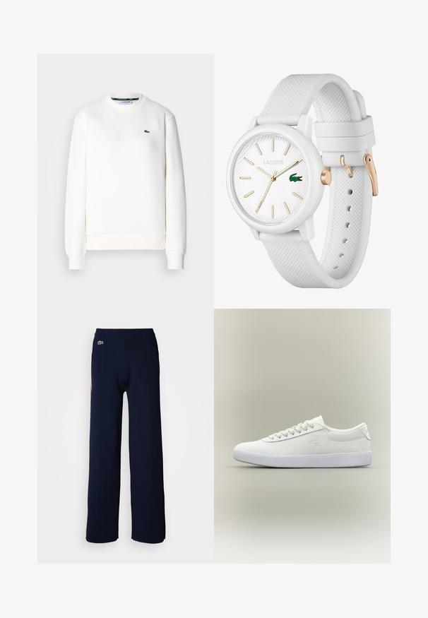 Fehér, pamutkeverékből készült pulóver, kerek nyakkivágással, bordázott mandzsettákkal és egy kis zöld logóval a mellrészen. Simább textúra.; Sötétkék, bőszárú nadrág kellemes tapintással, bordázott derékrésszel és egy kis zöld logóval elöl, amely a letisztult dizájnt emeli ki.; Alacsony szárú, fehér bőrsportcipő fehér fűzőkkel és texturált fehér talppal, profilból bemutatva egy sima, semleges háttér előtt.; Fehér szilikon óra texturált szíjjal, kerek számlappal, arany jelzőkkel és zöld Lacoste logóval.
