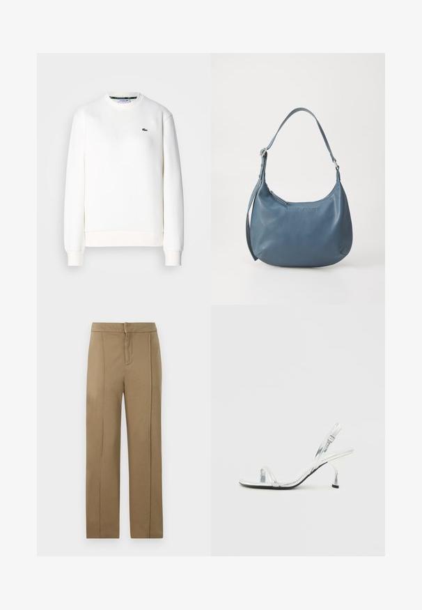 Biała bluza z bawełnianej mieszanki, z okrągłym dekoltem, ściągaczami na rękawach i małym zielonym logo na klatce piersiowej. Gładka tekstura.; Beżowe spodnie wykonane z gładkiego materiału, z średnim stanem, prostym krojem nogawki oraz dwoma pionowymi szwami dla dodatkowego detalu.; Srebrne lakierowane sandały na wysokim obcasie typu slingback z wąskim paskiem na palcach, regulowanym zapięciem i smukłym obcasem.; Niebieska skórzana torebka o zaokrąglonym kształcie, z jedną rączką na ramię, zamykana na zamek błyskawiczny, z wytłoczonym logo na przodzie. Gładka faktura.