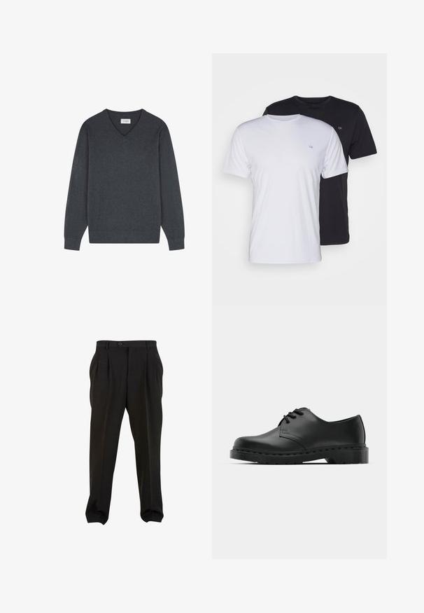 Scalpers V NECK - Pullover - greyish blue; Deux t-shirts en coton, un blanc et un noir, à manches courtes avec un col rond, ornés d'un petit logo sur la poitrine, texture lisse.; Pantalons noirs en tissu lisse, avec des plis à l'avant, une taille à bouton et des poignets fuselés. Silhouette classique élégamment taillée.; Chaussure oxford en cuir noir avec un design à lacets, bout rond, semelle en caoutchouc plate et détails de surpiqûre discrets le long du dessus.