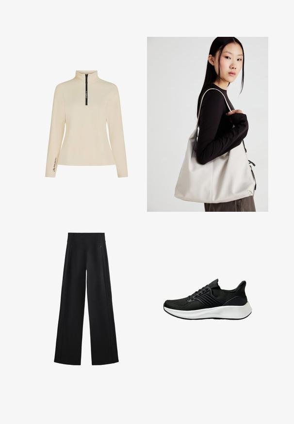 Beige fleecetrui met hoge kraag, halve rits aan de voorkant en zwart gemarkeerde rits. Bevat het 'Polartec' logo op de mouw. Soepele textuur.; Zwarte broek met wijde pijpen van een zachte stof, voorzien van een hoge tailleband en twee ritszakken, met subtiele naden langs de zijkanten.; Zwarte sportieve schoen met een bovenwerk van textuurstof, vetersysteem en een witte tussenzool. Heeft een laag profiel en een gebogen zoolontwerp.; Beige handtas gemaakt van zacht materiaal, met een slonzig ontwerp, gestikte details en twee schouderbanden. Geschikt voor dagelijks gebruik.