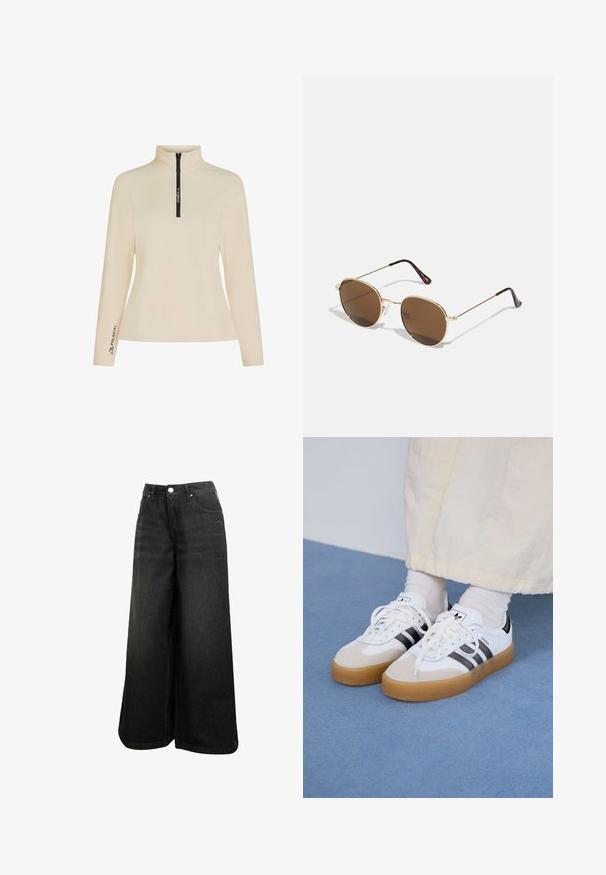 Bež villane koot jacket kõrge kaeluse, poole tõmbluku esise ja musta bränditud tõmblukuga. Vasakul varrukal on "Polartec" logo. Sile tekstuur.; Mustad laiad denimpüksid kõrge vöökohaga, ees nupuga, taskud ja õrn logo eesmääral.; Valged tossud mustade triipudega ja beeži nahaga aktsentidega. Omavad tekstuuriga kummist talla ja lamedaid valgeid paelu, kantud heledate sokkidega.; Kuldne metallist päikeseprillid, millel on ümardatud pruunikate läätsed. Omab õhukesi varsi, millel on kilpkonnamuster otstes. Sellega on kaasas selged ninapadi.; Kootud õlekott, millel on kõver siluett, ja sile must nahkrihm ning sobiv väike kott, mis on kinnitatud randme rihmaga.