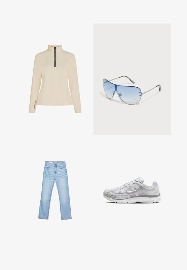 Pullover in pile beige con colletto alto, zip frontale a metà e zip nera con marchio. Presenta il logo "Polartec" sulla manica. Texture liscia.; Jeans in denim azzurro chiaro con taglio dritto, design a cinque tasche e cuciture visibili. Vita a media altezza con chiusura classica a bottone e zip.; Scarpe da ginnastica grigio chiaro con tomaia in rete e sintetico, dotate di chiusura con lacci, collo imbottito e suola testurizzata per una migliore aderenza.; Occhiali da sole aviator con lenti blu sfumate, montatura in metallo argentato e decorazioni a forma di stella sulle lenti. Design liscio e sofisticato.; Orecchini a cerchio in argento con una superficie liscia e lucida e una forma circolare sottile. Il design presenta una chiusura sicura.