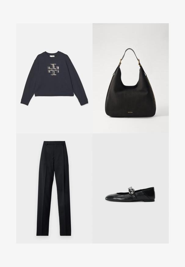 Jūrinių spalvų apkarpytas džemperis su tekstūruotu grafiniu dizainu metalinėmis spalvomis centre, apvali iškirptė ir ilgos rankovės.; Juodos kelnės iš lygaus audinio, pasižyminčios aukštu liemeniu, plačiomis kojomis, priekinėmis klostėmis ir klasikiais diržo kilpomis. Šoninių kišenių nematyti.; Juodų odinių baletinių batelių su smailiu nosiu, su užrišamu dirželiu su apvalia metaline sagtimi ir plokščiu padu.; MICHAEL Michael Kors NOLITA HOBO  - Rankinė - black