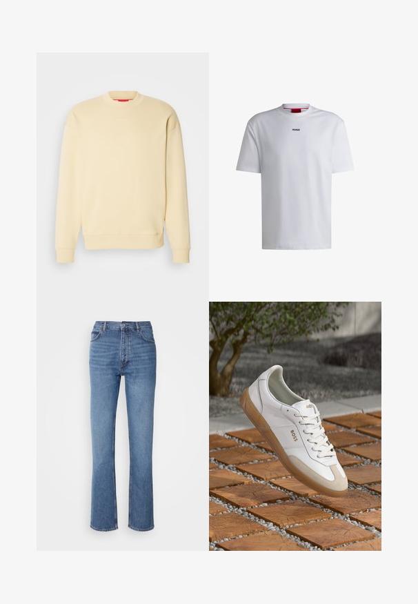 Felpa gialla chiara con collo rotondo, maniche lunghe e polsini a costina. Presenta un piccolo logo bianco "HUGO" sul petto. Texture liscia.; T-shirt bianco in cotone con maniche corte, scollo rotondo e logo nero "HUGO" sul petto. Tessuto liscio, vestibilità casual, senza fantasie.; Jeans in denim blu con vita alta, design a gamba dritta e leggera sbiaditura. Presentano il classico stile a cinque tasche e chiusura con zip.; Sneaker bianca in pelle con accenti in suede beige, caratterizzata da una punta rotonda, chiusura con lacci e suola in gomma marrone, con il nome del marchio "BOSS".