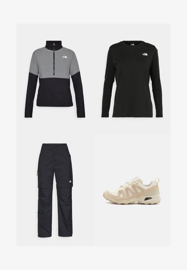 Pulôver de fleece em cinza e preto, com fecho de correr, gola alta, padrão em grelha na metade superior e bolsos laterais.; T-shirt preto de mangas longas, feito de algodão, com decote redondo. Apresenta um pequeno logótipo branco na área esquerda do peito. Design simples e ajuste confortável.; Calças cargo pretas em nylon com fechos de correr removíveis, punhos ajustáveis, múltiplos bolsos e um logótipo na perna direita. Textura suave e leve.; Sapatilha atlética beige e creme com parte superior em malha texturizada, sobreposições de suporte e sola de borracha com um padrão de cravo para tração.