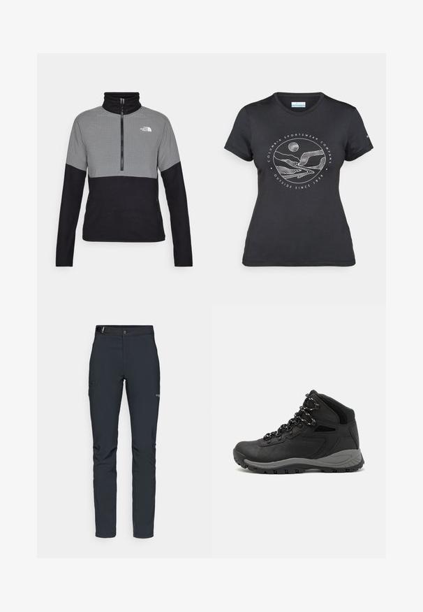 Fleece mikina šedé a černé barvy, s šikmým zapínáním, vysokým límcem, mřížkovaným vzorem na horní polovině a bočními kapsami.; Černé tričko Columbia s bílým kruhovým uměleckým ztvárněním hor a řeky a textem "Columbia Sportswear Company Outside Since 1938."; Pánské outdoorové kalhoty, tmavě šedé, vyrobené z flexibilního materiálu, s pásem, zipovými kapsami a vyztuženým švem.; Černé turistické boty s mírně vyšším střihem, které mají texturovaný svršek, šedé detaily a odolnou gumovou podrážku s trakčními výstupky.