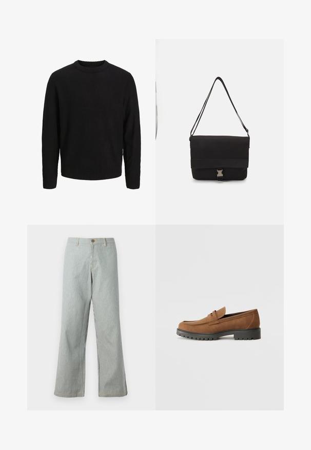 Crni pleteni pulover s okruglim izrezom, dugim rukavima i rebrastim manžetama i donjim rubom. Sadrži teksturirani uzorak po cijelom tijelu.; Prugaste hlače širokih nogavica u plavoj i bijeloj boji, s kopčanjem na gumb, petljama za remen, vidljivim šavovima i opuštenim krojem.; Smeđi nubuk loafers s zaobljenim prstima i niskim crnim gumeni potplat, s dekorativnim remenom i detaljima šivanja na gornjem dijelu.; Crni messenger ruksak od glatkog materijala, s preklopom, srebrnim kopčanjem i podesivim remenom za rame.