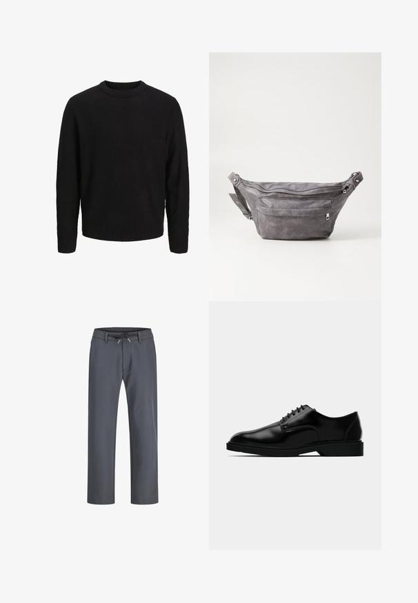 Black knitted sweater with a round neck, long sleeves, and ribbed cuffs and hem. Features a textured pattern throughout the body.; Gray, elastic waistband pants with a drawstring. Straight leg design, made from smooth fabric, feature minimal stitching and no visible hardware.; Black leather dress shoe with a smooth finish, rounded toe, lace-up design, and understated rubber sole for traction.; Gray suede fanny pack with a rounded shape, two zippered compartments, and adjustable strap. Features metal hardware accents.