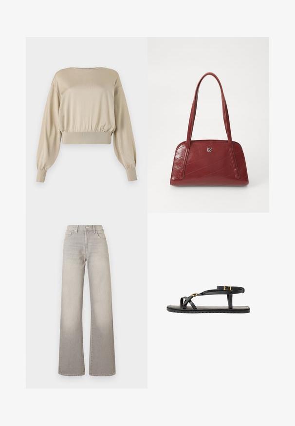 Felpa cropped beige con maniche lunghe a palloncino; texture liscia; orlo e polsini a coste; design minimalista, collo a girocollo.; Jeans grigi larghi con finitura sbiadita, chiusura con bottone, design a cinque tasche e cuciture decorative lungo le cuciture.; Sandali neri in pelle con sottili cinturini e una cinghia alla caviglia con fibbia. Suola piatta con una finitura texturizzata e bordo a zigzag. Design minimalista.; Borsa a spalla trapuntata rossa realizzata in materiale lucido, con due manici lunghi e un'accento con logo argentato. La cucitura diagonale crea una texture.