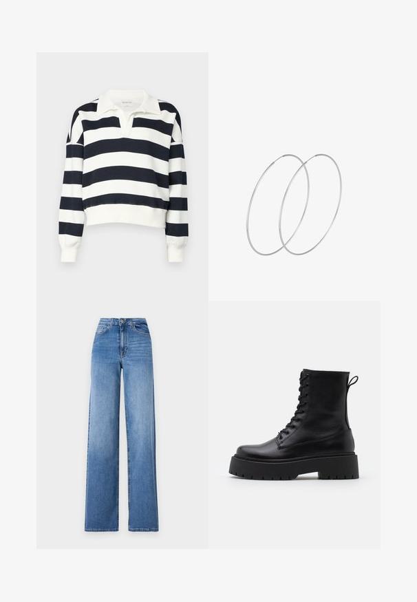 Abercrombie & Fitch ESSENTIAL JOHNNY - Sportinis megztinis - cloud dancer/navy; Šviesiai mėlynos plačių kojų džinsai, pagaminti iš džinsinio audinio, su aukštu liemeniu, priekinėmis kišenėmis ir standartiniu mygtuko uždarymu. Lygus paviršius.; Juodos odinės aulinukės su apvalia nosimi, raišteliais priekyje ir storesniu guminio pado apačioje su tekstūruotu raštu. Priekyje yra kilputė.; Sidabrinės pusmėnulio auskarai minimalistiniu dizainu. Apskritimo forma, lygus paviršius ir plonas profilis. Lengvi su poliruotu apdailu.