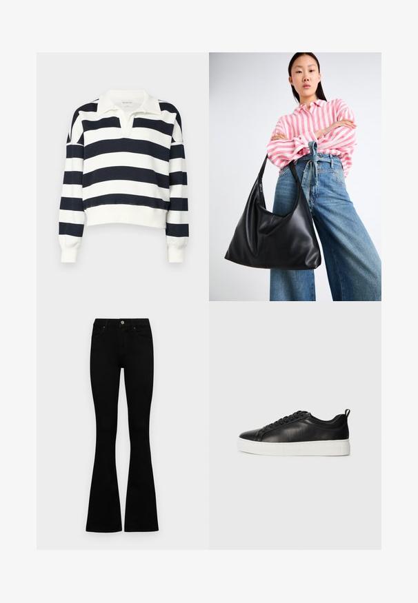 Abercrombie & Fitch ESSENTIAL JOHNNY - Bluză de molton - cloud dancer/navy; Jeans negri cu talie înaltă, cu închidere prin nasture și fermoar, buzunare frontale și picioare evazate, așezați pe un fundal alb.; Adidași din piele negri, cu partea de sus joasă, șireturi negre și talpă groasă din cauciuc alb, văzuți din exterior pe un fundal alb.; Geantă de umăr din piele neagră, cu o formă lejeră și detalii de cusătură. Modelul poartă o bluză cu dungi roz și alb și jeans largi albaștri.