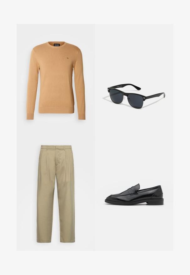 Beige crewneck-pullover valmistatud pehmest kudumaterjalist, millel on pikad varrukad ja rindkerele tikitud väike logo.; Beige, korkeavyötäröiset housut suoralla leikkauksella, joissa on tasainen etuosa, sivutaskut ja sileä, teksturoitu kangas.; Musta nahkakengät, joissa on sileä pinta, pyöristetty varvas ja kapea nauha päällä. Matala paksu kanta.; Mustat aurinkolasit, joilla on suorakulmainen muoto, tummat linssit, hopeiset yksityiskohdat temppeleissä ja matta pinta kehykset.
