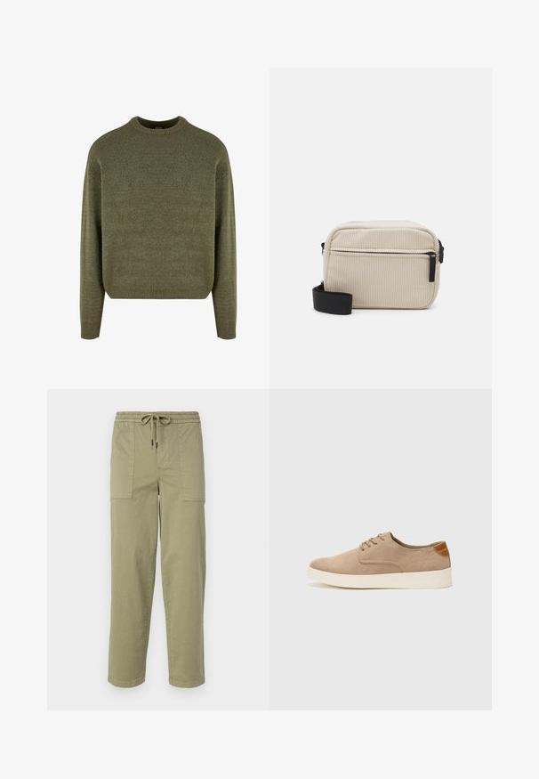 Pulover din lână verde, cu un guler rotund, manșete și tiv ribbate și un finisaj moale, texturat. Croială clasică, lejeră, cu umeri căzuți.; Pantaloni de culoare verde măslin deschis, confecționați dintr-un amestec de bumbac, cu un tiv elastic și șnur, și două buzunare laterale mari.; Tenisi din suede bej cu vârf rotund, sistem de șireturi în față și un accent texturat în spate. Talpa albă din cauciuc oferă un contrast. Design simplu și modern.; Geantă crossbody de culoare crem din catifea cu fermoar negru, curea detașabilă și model texturat. Dispune de un compartiment principal și un buzunar frontal.