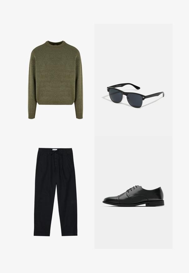 Zaļš vilnas maisījuma džemperis ar apaļu kakla izgriezumu, ribotām piedurknēm un apakšmalu, kā arī mīkstu, teksturētu apdari. Klasisks, brīvs piegriezums ar nolaišanas pleciem.; Pier One Chinos tipa bikses - black; Melnas ādas vadmalas kurpes ar noapaļotu purngalu, saistījuma dizains, smalkas izšuvumu detaļas un zema papēža. Gluda tekstūra ar spīdīgu apdari.; Melnas saulesbrilles ar taisnstūra formu, tumšiem stenģiem, sudraba akcentiem pie tempļiem un matētu apdari uz rāmja.