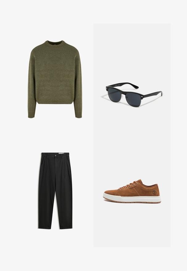 Maglione verde in misto lana con collo a giro, polsini e orlo a costine, e una finitura morbida e testurizzata. Vestibilità classica e rilassata con spalle scese.; Pantaloni in cotone neri con una vestibilità rilassata, dotati di una vita classica, pieghe frontali e tasche laterali. Tessuto liscio senza fantasie.; Sneakers in suede marrone con suola in gomma bianca, punta rotonda, sei occhielli in metallo e dettaglio del logo in rilievo sul lato. Design classico con lacci.; Occhiali da sole neri con forma rettangolare, lenti scure, dettagli in argento alle tempie e finitura opaca sulla montatura.