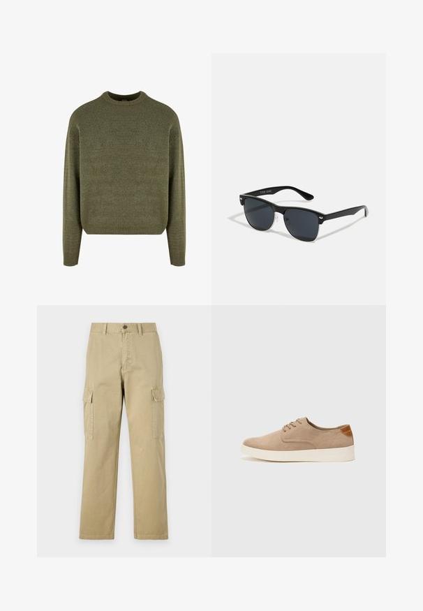 Groen wollenblend trui met een ronde hals, ribbelmanchetten en -zoom, en een zachte, gestructureerde afwerking. Klassieke, relaxte pasvorm met doorhangende schouders.; Beige cargobroek van katoen, met twee zijzakken, een knoopsluiting en rechte pijpen van een licht gestructureerde stof.; Beige suède sneakers met een ronde neus, vetersluiting aan de voorkant en een getextureerde achteraccent. De witte rubberen zool zorgt voor contrast. Eenvoudig en modern ontwerp.; Zwarte zonnebril met een rechthoekige vorm, donkere lenzen, zilveren accenten bij de slapen en een matte afwerking op het montuur.