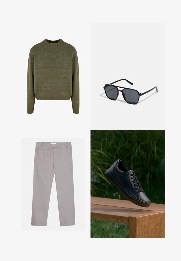 Grün melierter Wolle-Blend-Pullover mit Rundhalsausschnitt, gerippten Bündchen und Saum sowie einer weichen, strukturierten Oberfläche. Klassische, lockere Passform mit überschnittenen Schultern.; Hellgraue Baumwollhose mit elastischem Bund, zwei seitlichen Taschen, geradem Beinschnitt und glatter Textur. Simple Nahtdetails.; Schwarze Ledersneaker mit glatter Textur, runder Zehenform und flachen Schnürsenkeln, positioniert über einer Holzoberfläche mit grünem Gras im Hintergrund.; Schwarze Sonnenbrille mit achteckigem Rahmen, dunklen Gläsern, glänzender Oberfläche, dünnen Bügeln und goldenen Akzenten auf der Vorderseite.; Weiße Perlenkette mit einheitlich runder Form, glatter Oberfläche und Metallverschluss mit Verlängerungskette für anpassbare Länge.