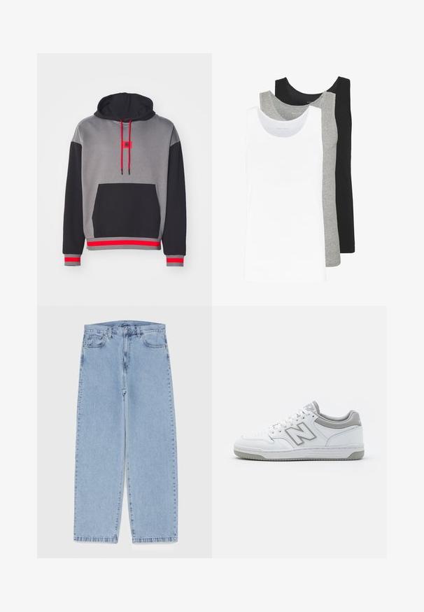 Sweatshirt à capuche avec un corps gris, des manches noires, des accents rouges et une poche frontale. Les cordons de serrage sont également rouges avec des embouts noirs.; Trois débardeurs en blanc, gris et noir. Chacun présente un design classique sans manches, fabriqué en coton léger avec une texture côtelée.; Jean en denim bleu clair avec une coupe droite, présentant une taille mi-haute, cinq poches, et une fermeture à bouton et à fermeture éclair.; Baskets en cuir blanc avec des accents gris, dotées d'une boîte à orteils perforée, de lacets plats et d'une semelle à motifs. Logo New Balance sur le côté.
