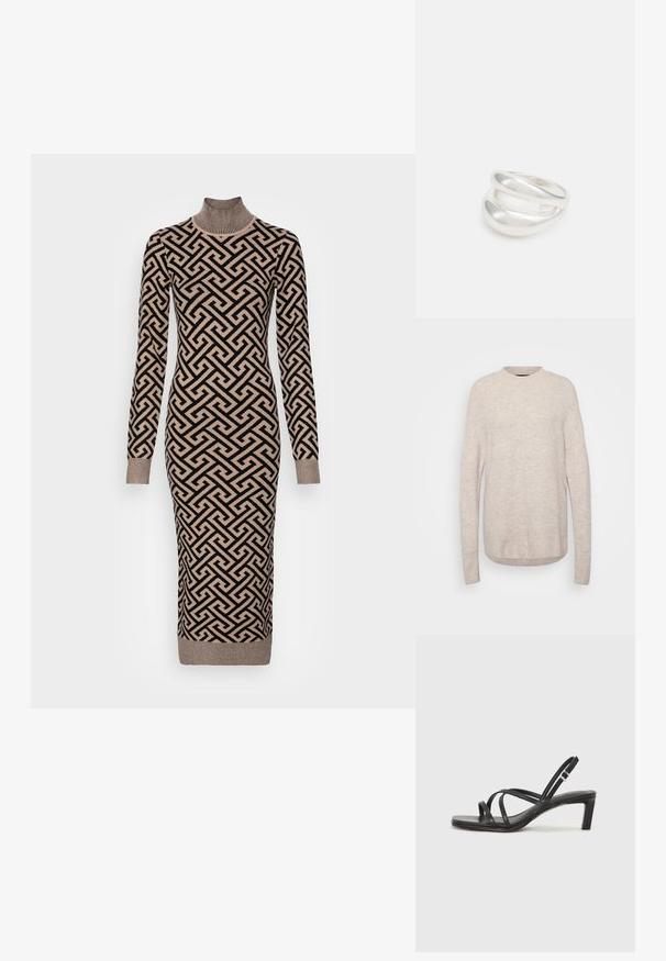 Heller beiger gestrickter Pullover mit rundem Ausschnitt, geripptem Saum und langen Ärmeln. Der Stoff hat ein weiches, strukturiertes Erscheinungsbild.; Langärmliges Strickkleid mit hohem Kragen, das ein geometrisches Muster in Schwarz und Beige aufweist, gerippte Bündchen hat und eine taillierte Silhouette hat.; Schwarze Sandale mit Riemchen, quadratischer Zehenform und niedrigem Blockabsatz. Verfügt über mehrere dünne Riemen und einen verstellbaren Knöchelriemen. Hergestellt aus glattem Leder.; Schwarze Leder-Crossbody-Tasche mit glatter Textur, rechteckiger Form und metallic-kettendetail auf der Vorderseite. Verstellbarer Gurt inklusive.; Silberner Doppelring mit einer glatten, polierten Oberfläche. Verfügt über ein fließendes, kurviges Design mit überlappenden Abschnitten für einen modernen Look.