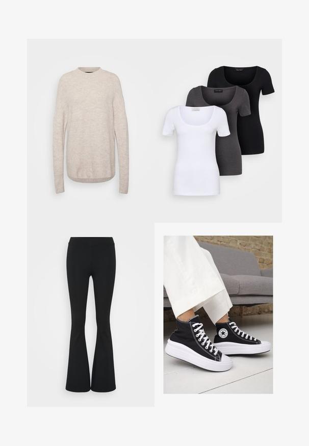 Heller beiger gestrickter Pullover mit rundem Ausschnitt, geripptem Saum und langen Ärmeln. Der Stoff hat ein weiches, strukturiertes Erscheinungsbild.; Drei figurbetonte T-Shirts in Weiß, Grau und Schwarz. Jedes hat einen weiten Rundhalsausschnitt und kurze Ärmel. Hergestellt aus glattem, elastischem Stoff.; Schwarze, ausgestellte Hosen aus dehnbarem Material mit hohem Bund und glatter Textur. Die Hose weitet sich ab dem Knie.; Schwarze Canvas-Hochtop-Sneakers mit weißen Gummisohlen und Schnürsenkeln. Mit einem runden Logo an der Seite und kontrastierendem weißen Nähten.
