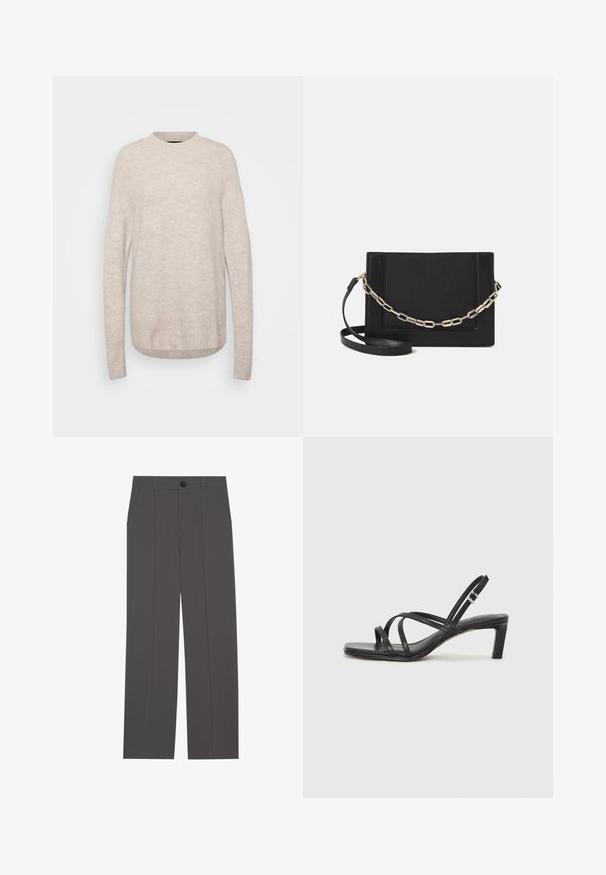 Svetlo bež pleteni pulover s okruglim izrezom, rebrastim robom in dolgimi rokavi. Tkanina ima mehak, teksturiran videz.; Sive hlače s ravnim krojem, ki imajo dve stranski žep in gumbasto zapiranje. Gladek material brez vidnih vzorcev ali poudarkov.; Črne natikače s trakovi in kvadratnim prstom ter nizkim blokastim peto. Imajo več tankih trakov in nastavljiv trak okoli gležnja. Narejene so iz gladkega usnja.; Črna usnjena torba čez ramo z gladko teksturo, pravokotno obliko in kovinskim verižnim detajlom spredaj. Vključena je nastavljiva naramnica.; Srebrn dvojni prstan z gladko, polirano površino. Ima tekoč, ukrivljen dizajn z prekrivajočimi se sekcijami za sodoben videz.