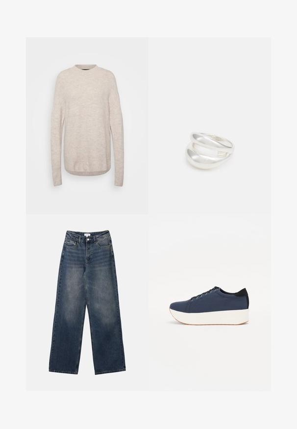 Vaalean beige neulepusero, jossa on pyöreä kaula-aukko, ribbireunus ja pitkät hihat. Kankaan pinta on pehmeä ja tekstuuri.; Miesten korkea vyötärö siniset farkut, joissa on leveät lahkeet, etunappi ja vetoketju sekä etu- ja takataskut.; Sotilaspunainen tennari, jossa on teksturoitu kangasyläosa, valkoinen alustan pohja, pyöreä kärki ja musta kantapääkorostus. Varustettu kuudella nyörille tarkoitetulla reikällä.; Hopeinen kaksinkertainen rengas, jossa on sileä, kiillotettu pinta. Siinä on sulava, kaareva muotoilu, jossa on päällekkäisiä osia modernin ilmeen saavuttamiseksi.