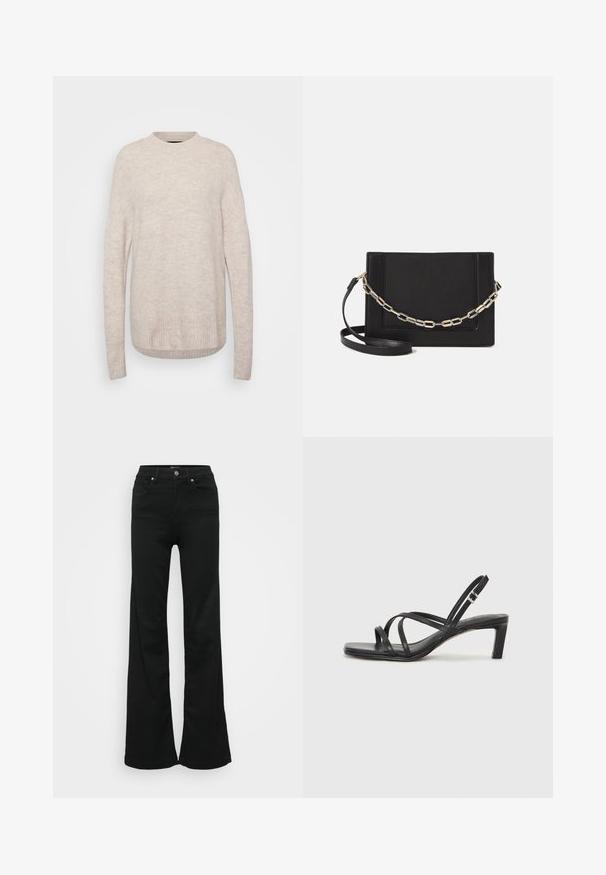 Light beige knitted sweater with a round neck, ribbed hem, and long sleeves. The fabric has a soft, textured appearance.; Black flared jeans made from denim, featuring a high waist, five pockets, and metal button closure. Smooth texture with minimal detailing.; Black strappy sandal with a square toe and a low block heel. Features multiple thin straps and an adjustable ankle strap. Made of smooth leather.; Black leather crossbody bag featuring a smooth texture, rectangular shape, and a metallic chain detail on the front. Adjustable strap included.
